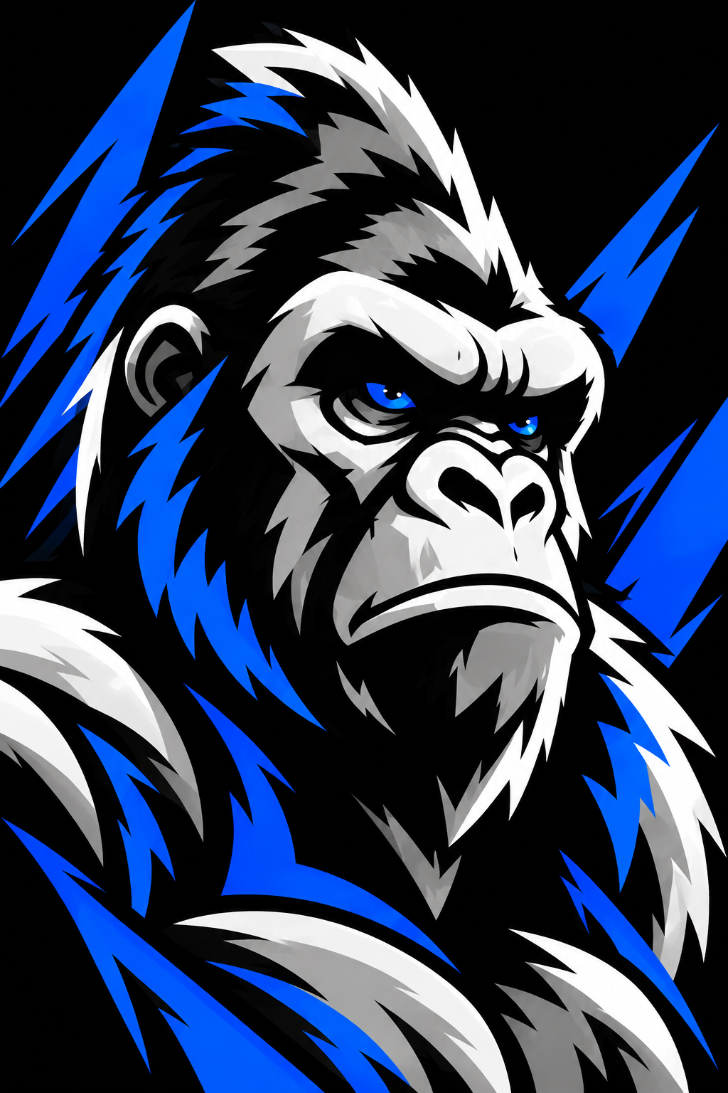 Silverback gorilla mascot illustration in silver and electric blue