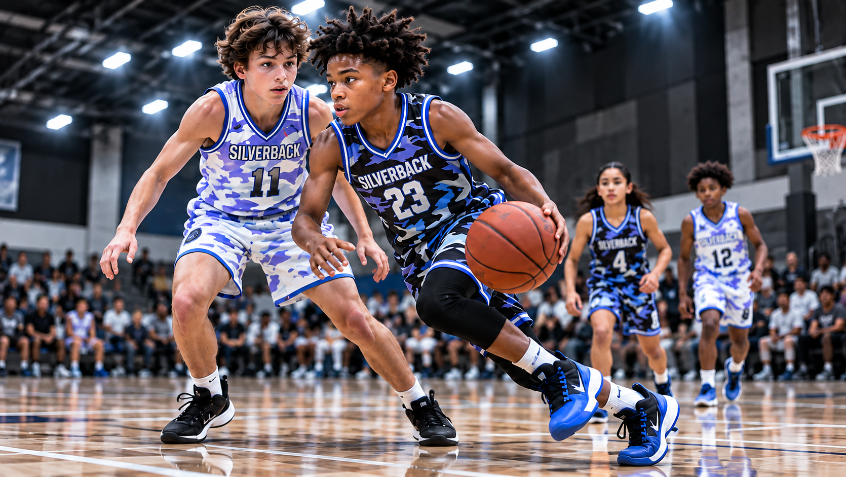 Two youth basketball players in Silverback-style camouflage uniforms, one white with lavender and light blue, one black with blue and gray, driving to the basket